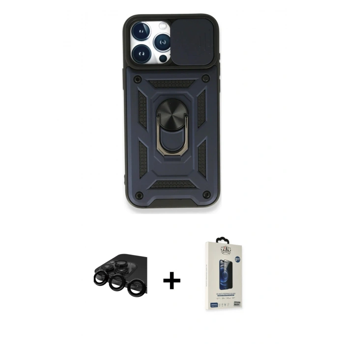 MARSİLYAN™- iPhone 15 Pro Max Kılıf Ahenk Klasik - Siyah Bilvis Hayalet Cam Ekran Koruyucu + Raze Metal Kamera Lens - SH