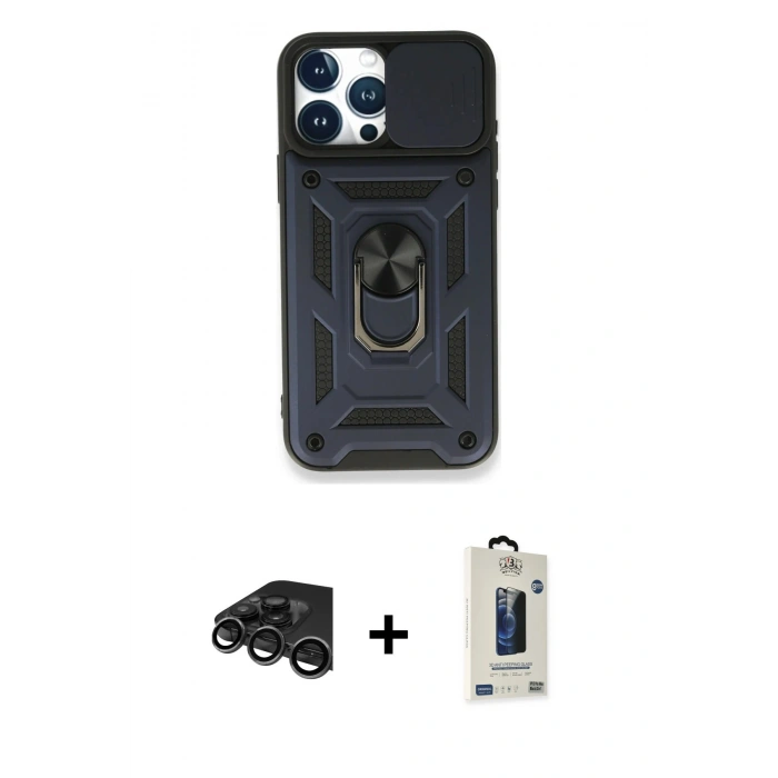 MARSİLYAN™- iPhone 15 Pro Max Kılıf Ahenk Klasik - Siyah Bilvis Hayalet Cam Ekran Koruyucu + Raze Metal Kamera Lens - TMGI