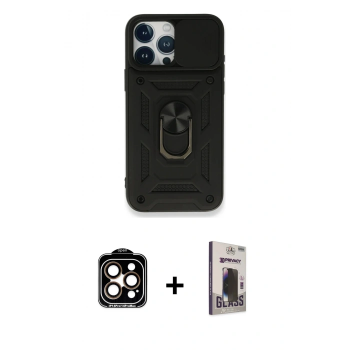 MARSİLYAN™- iPhone 15 Pro Max Kılıf Ahenk Klasik - Siyah Bilvis Hayalet Cam Ekran Koruyucu + PVD Metal Kamera Lens - TU