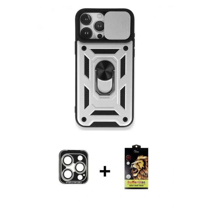 MARSİLYAN™- iPhone 15 Pro Max Kılıf Ahenk Klasik - Siyah Buffer Cam Ekran Koruyucu + Gümüş PVD Metal Kamera Lens