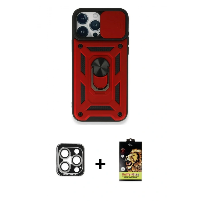MARSİLYAN™- iPhone 15 Pro Max Kılıf Ahenk Klasik - Siyah Buffer Cam Ekran Koruyucu + Gümüş PVD Metal Kamera Lens