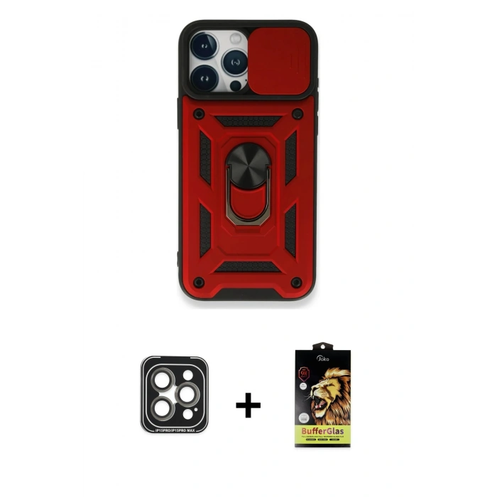 MARSİLYAN™- iPhone 15 Pro Max Kılıf Ahenk Klasik - Siyah Buffer Cam Ekran Koruyucu + PVD Metal Kamera Lens - GI
