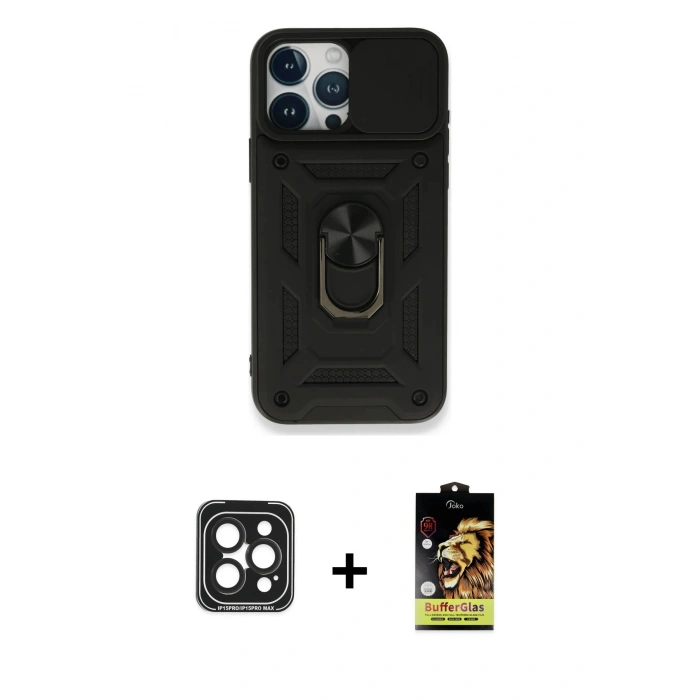 MARSİLYAN™- iPhone 15 Pro Max Kılıf Ahenk Klasik - Siyah Buffer Cam Ekran Koruyucu + PVD Metal Kamera Lens - SH