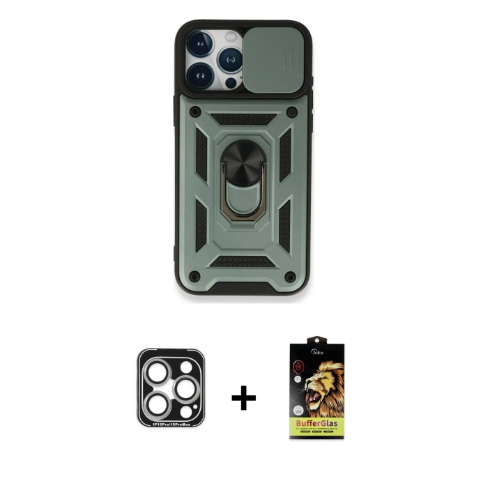 MARSİLYAN™- iPhone 15 Pro Max Kılıf Ahenk Klasik - Siyah Buffer Cam Ekran Koruyucu + PVD Metal Kamera Lens - GS