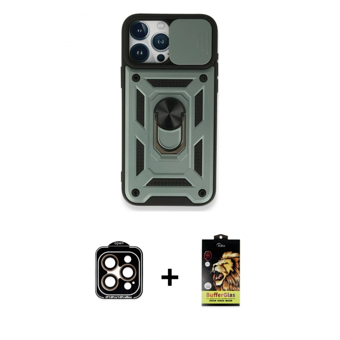 MARSİLYAN™- iPhone 15 Pro Max Kılıf Ahenk Klasik - Siyah Buffer Cam Ekran Koruyucu + PVD Metal Kamera Lens - TU