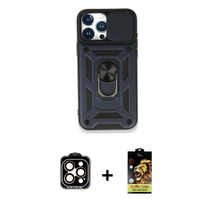 MARSİLYAN™- iPhone 15 Pro Max Kılıf Ahenk Klasik - Siyah Buffer Cam Ekran Koruyucu + PVD Metal Kamera Lens - TU