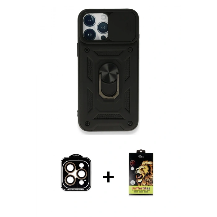 MARSİLYAN™- iPhone 15 Pro Max Kılıf Ahenk Klasik - Siyah Buffer Cam Ekran Koruyucu + PVD Metal Kamera Lens - TU