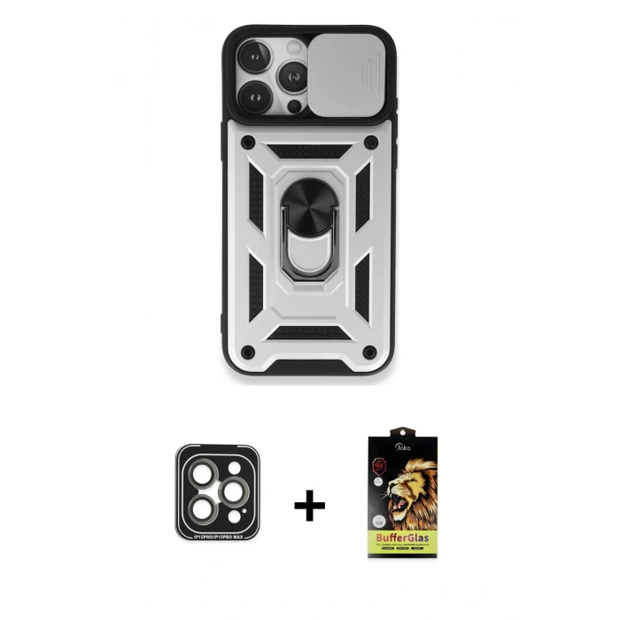 MARSİLYAN™- iPhone 15 Pro Max Kılıf Ahenk Klasik - Siyah Buffer Cam Ekran Koruyucu + PVD Metal Kamera Lens - GI