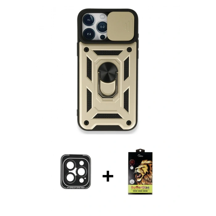 MARSİLYAN™- iPhone 15 Pro Max Kılıf Ahenk Klasik - Siyah Buffer Cam Ekran Koruyucu + PVD Metal Kamera Lens - SH