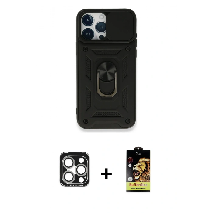 MARSİLYAN™- iPhone 15 Pro Max Kılıf Ahenk Klasik - Siyah Buffer Cam Ekran Koruyucu + PVD Metal Kamera Lens - GS