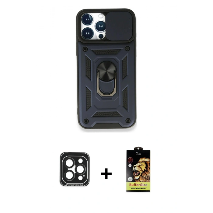 MARSİLYAN™- iPhone 15 Pro Max Kılıf Ahenk Klasik - Siyah Buffer Cam Ekran Koruyucu + PVD Metal Kamera Lens - SH