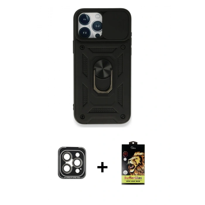 MARSİLYAN™- iPhone 15 Pro Max Kılıf Ahenk Klasik - Siyah Buffer Cam Ekran Koruyucu + PVD Metal Kamera Lens - GI