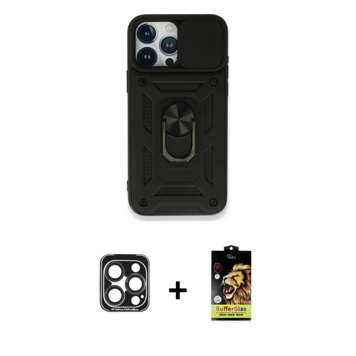 MARSİLYAN™- iPhone 15 Pro Max Kılıf Ahenk Klasik - Siyah Buffer Cam Ekran Koruyucu + PVD Metal Kamera Lens - LT