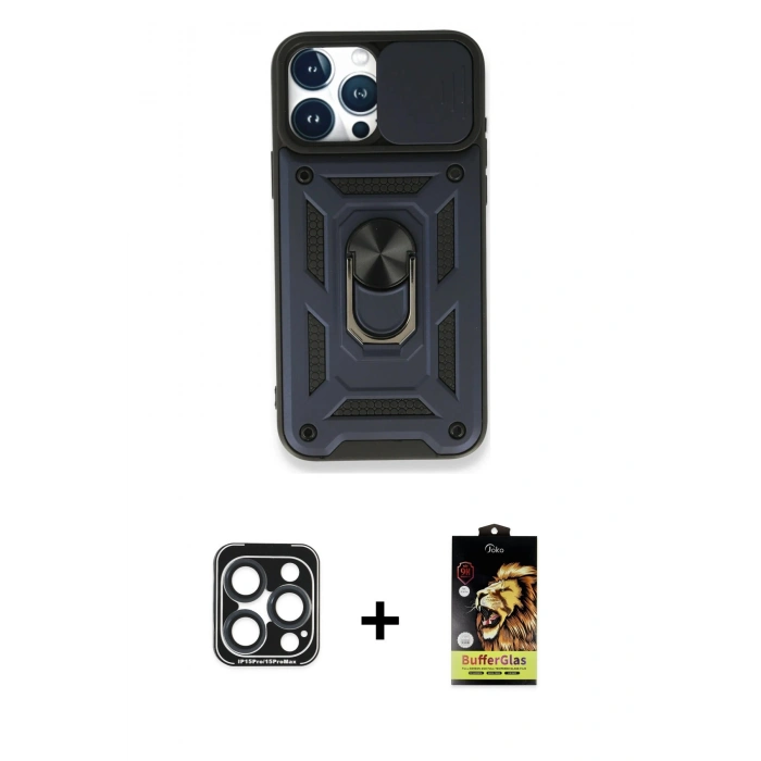 MARSİLYAN™- iPhone 15 Pro Max Kılıf Ahenk Klasik - Siyah Buffer Cam Ekran Koruyucu + PVD Metal Kamera Lens - LT