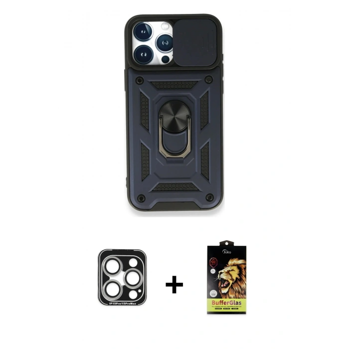 MARSİLYAN™- iPhone 15 Pro Max Kılıf Ahenk Klasik - Siyah Buffer Cam Ekran Koruyucu + PVD Metal Kamera Lens - GS