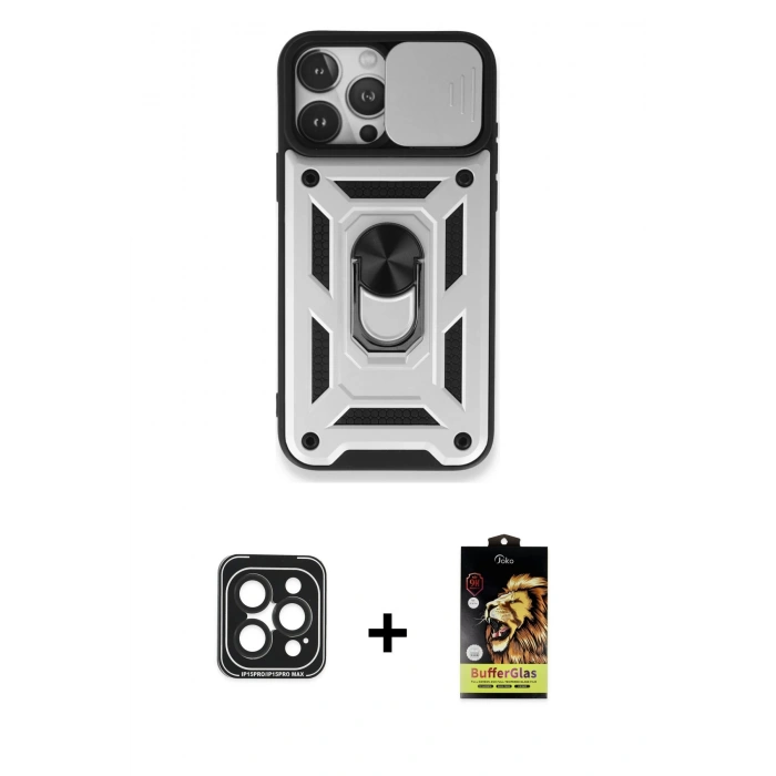 MARSİLYAN™- iPhone 15 Pro Max Kılıf Ahenk Klasik - Siyah Buffer Cam Ekran Koruyucu + PVD Metal Kamera Lens - SH