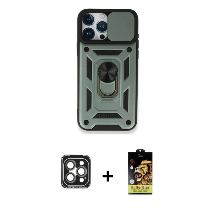 MARSİLYAN™- iPhone 15 Pro Max Kılıf Ahenk Klasik - Siyah Buffer Cam Ekran Koruyucu + PVD Metal Kamera Lens - GI