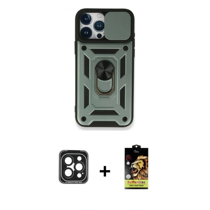 MARSİLYAN™- iPhone 15 Pro Max Kılıf Ahenk Klasik - Siyah Buffer Cam Ekran Koruyucu + PVD Metal Kamera Lens - SH