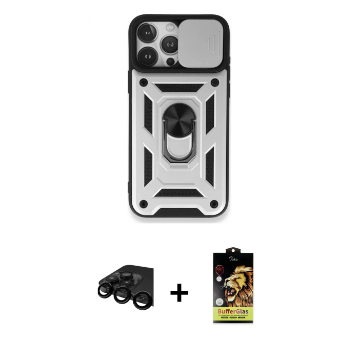 MARSİLYAN™- iPhone 15 Pro Max Kılıf Ahenk Klasik - Siyah Buffer Cam Ekran Koruyucu + Raze Metal Kamera Lens - SH