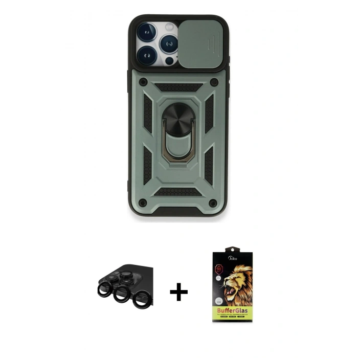 MARSİLYAN™- iPhone 15 Pro Max Kılıf Ahenk Klasik - Siyah Buffer Cam Ekran Koruyucu + Raze Metal Kamera Lens - SH