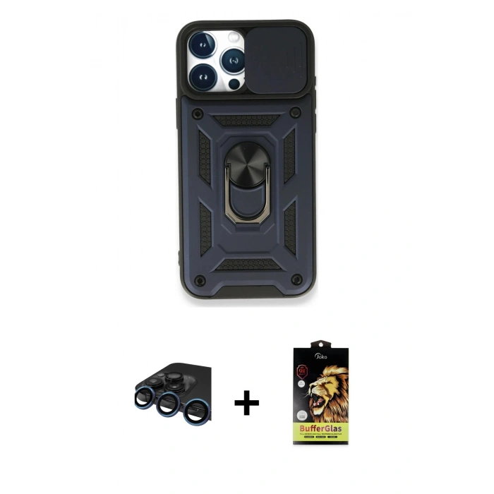 MARSİLYAN™- iPhone 15 Pro Max Kılıf Ahenk Klasik - Siyah Buffer Cam Ekran Koruyucu + Raze Metal Kamera Lens - LT