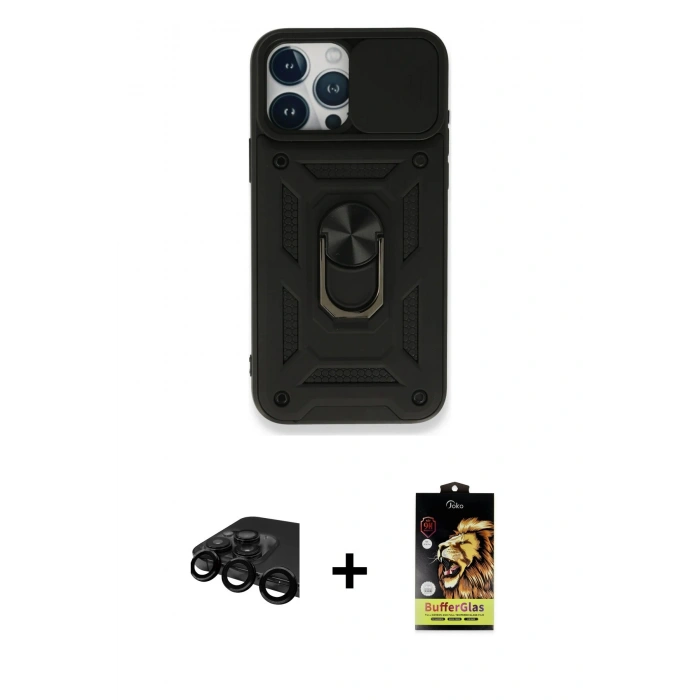MARSİLYAN™- iPhone 15 Pro Max Kılıf Ahenk Klasik - Siyah Buffer Cam Ekran Koruyucu + Raze Metal Kamera Lens - SH