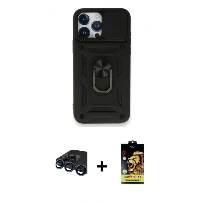 MARSİLYAN™- iPhone 15 Pro Max Kılıf Ahenk Klasik - Siyah Buffer Cam Ekran Koruyucu + Raze Metal Kamera Lens - LT