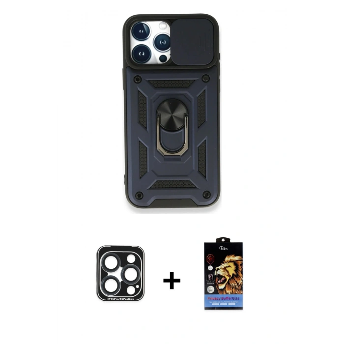 MARSİLYAN™- iPhone 15 Pro Max Kılıf Ahenk Klasik - Siyah Buffer Hayalet Cam Ekran Koruyucu + PVD Metal Kamera Lens - LT