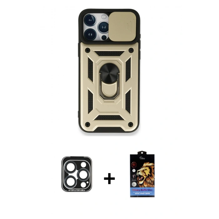 MARSİLYAN™- iPhone 15 Pro Max Kılıf Ahenk Klasik - Siyah Buffer Hayalet Cam Ekran Koruyucu + PVD Metal Kamera Lens - LT