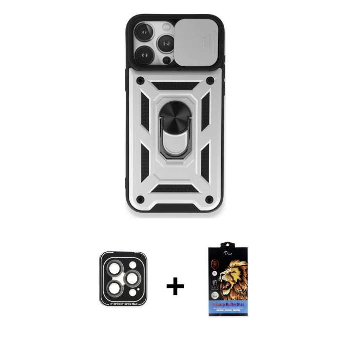 MARSİLYAN™- iPhone 15 Pro Max Kılıf Ahenk Klasik - Siyah Buffer Hayalet Cam Ekran Koruyucu + PVD Metal Kamera Lens - GI