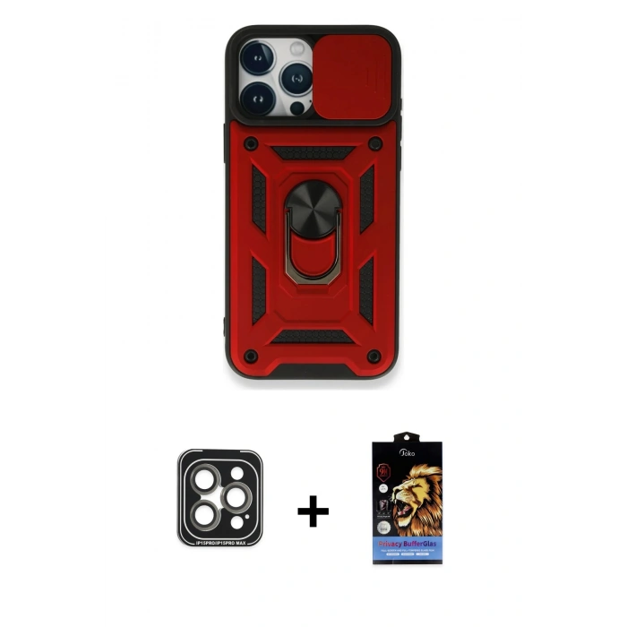 MARSİLYAN™- iPhone 15 Pro Max Kılıf Ahenk Klasik - Siyah Buffer Hayalet Cam Ekran Koruyucu + PVD Metal Kamera Lens - GI