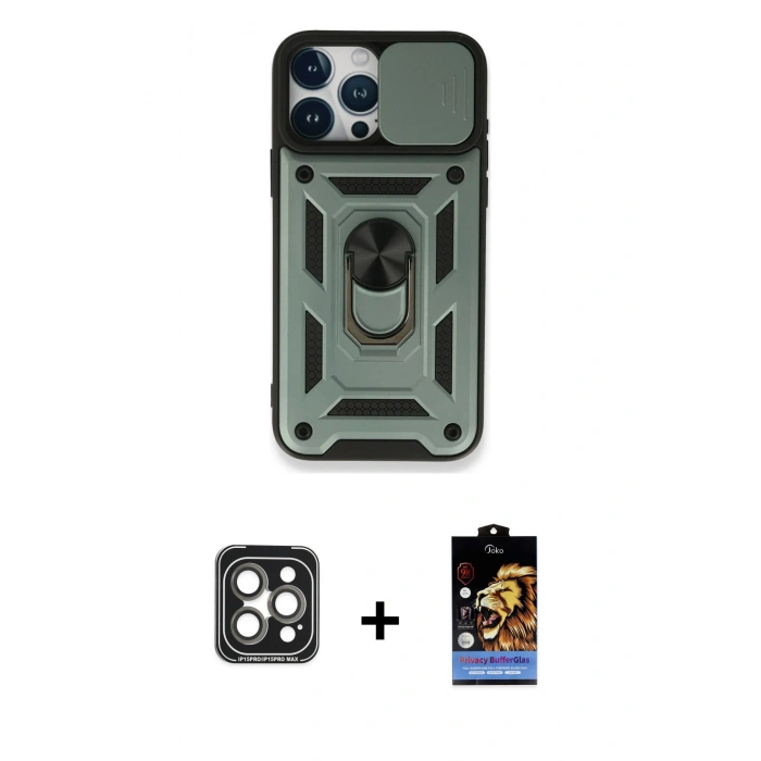 MARSİLYAN™- iPhone 15 Pro Max Kılıf Ahenk Klasik - Siyah Buffer Hayalet Cam Ekran Koruyucu + PVD Metal Kamera Lens - GI