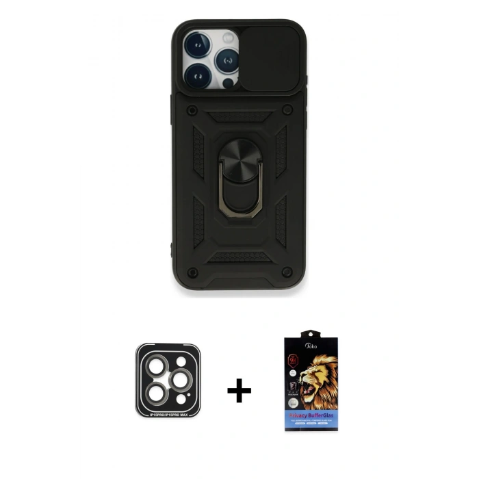MARSİLYAN™- iPhone 15 Pro Max Kılıf Ahenk Klasik - Siyah Buffer Hayalet Cam Ekran Koruyucu + PVD Metal Kamera Lens - GI