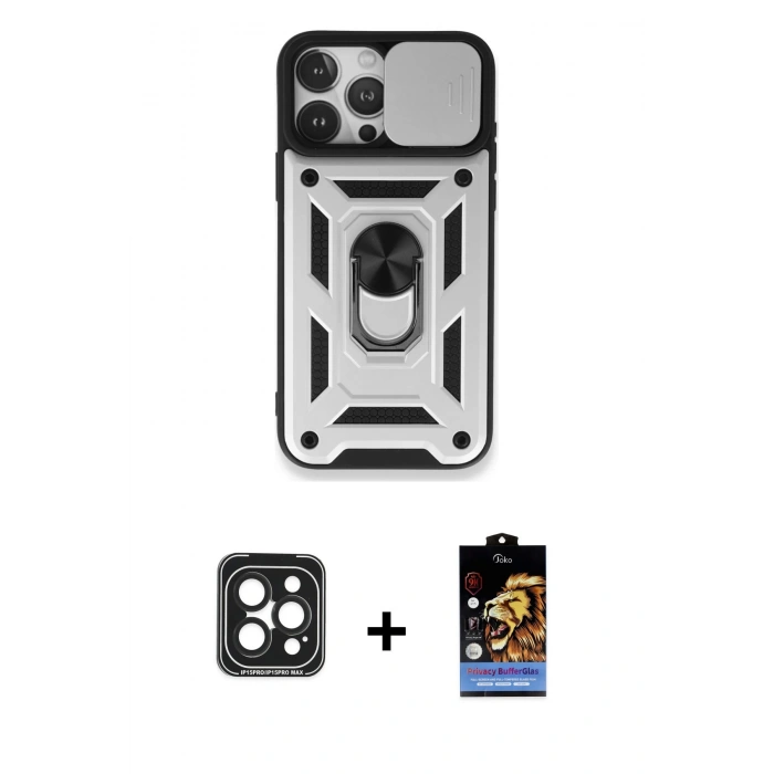 MARSİLYAN™- iPhone 15 Pro Max Kılıf Ahenk Klasik - Siyah Buffer Hayalet Cam Ekran Koruyucu + PVD Metal Kamera Lens - SH