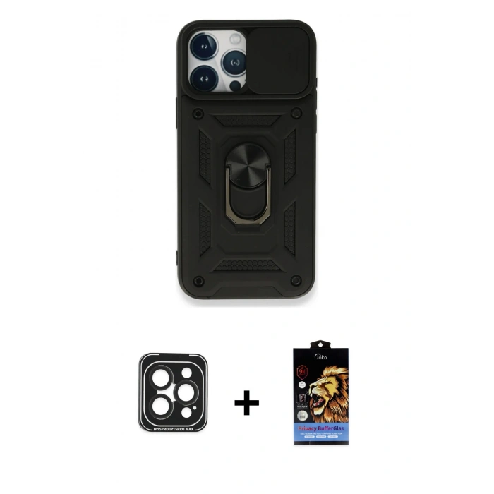 MARSİLYAN™- iPhone 15 Pro Max Kılıf Ahenk Klasik - Siyah Buffer Hayalet Cam Ekran Koruyucu + PVD Metal Kamera Lens - SH