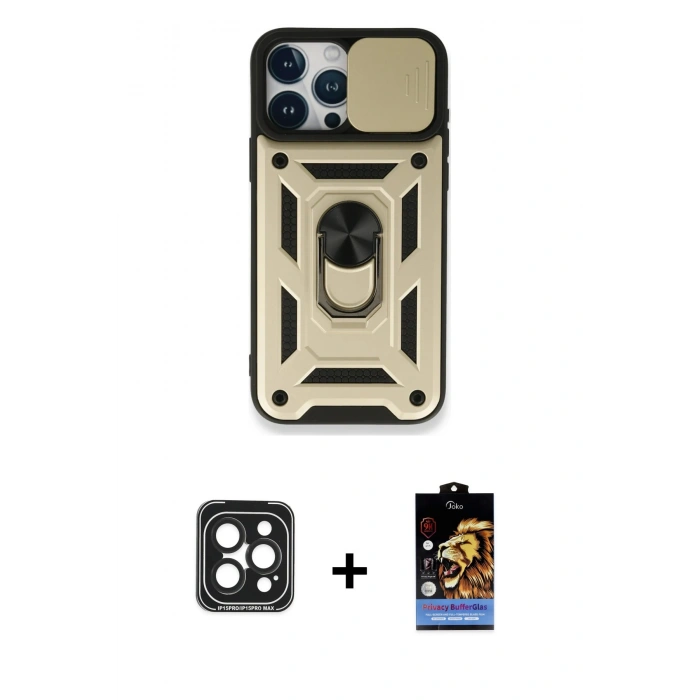 MARSİLYAN™- iPhone 15 Pro Max Kılıf Ahenk Klasik - Siyah Buffer Hayalet Cam Ekran Koruyucu + PVD Metal Kamera Lens - SH