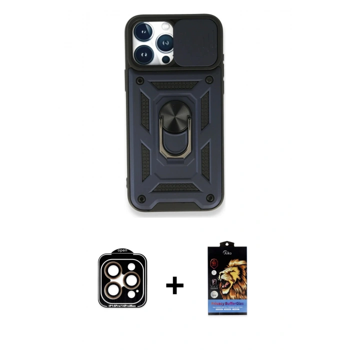 MARSİLYAN™- iPhone 15 Pro Max Kılıf Ahenk Klasik - Siyah Buffer Hayalet Cam Ekran Koruyucu + PVD Metal Kamera Lens - TU
