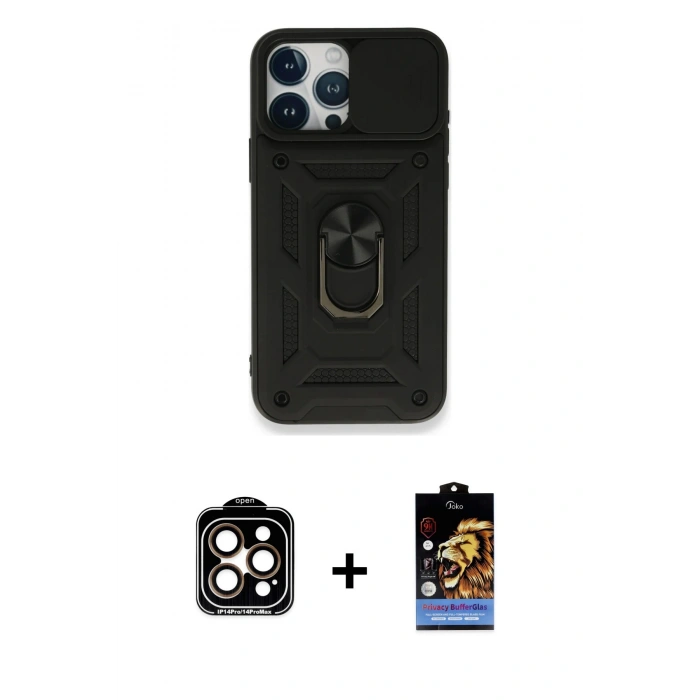 MARSİLYAN™- iPhone 15 Pro Max Kılıf Ahenk Klasik - Siyah Buffer Hayalet Cam Ekran Koruyucu + PVD Metal Kamera Lens - TU