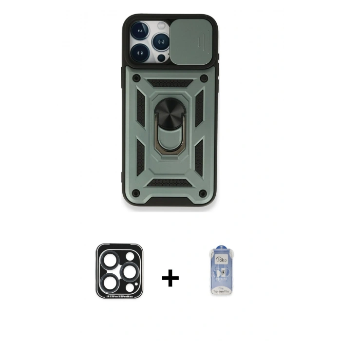 MARSİLYAN™- iPhone 15 Pro Max Kılıf Ahenk Klasik - Siyah Joko Magic 5D Cam + Lacivert PVD Metal Kamera Lens