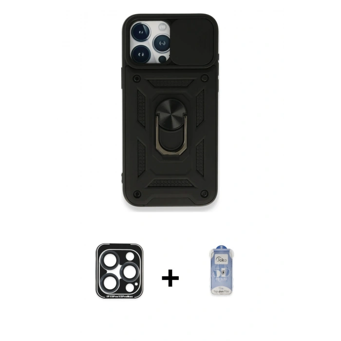 MARSİLYAN™- iPhone 15 Pro Max Kılıf Ahenk Klasik - Siyah Joko Magic 5D Cam + Lacivert PVD Metal Kamera Lens