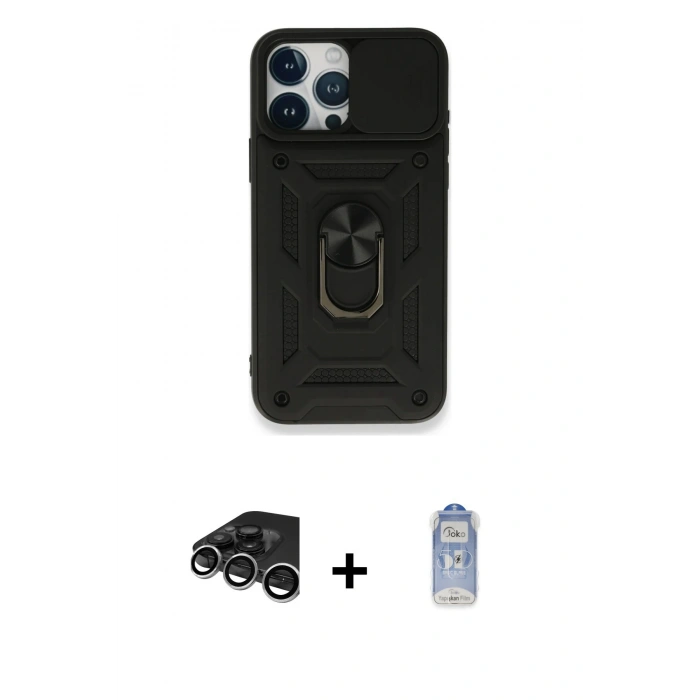 MARSİLYAN™- iPhone 15 Pro Max Kılıf Ahenk Klasik - Siyah Joko Magic 5D Cam + Raze Metal Kamera Lens - GS