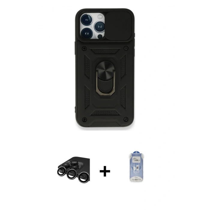 MARSİLYAN™- iPhone 15 Pro Max Kılıf Ahenk Klasik - Siyah Joko Magic 5D Cam + Raze Metal Kamera Lens - TMGI