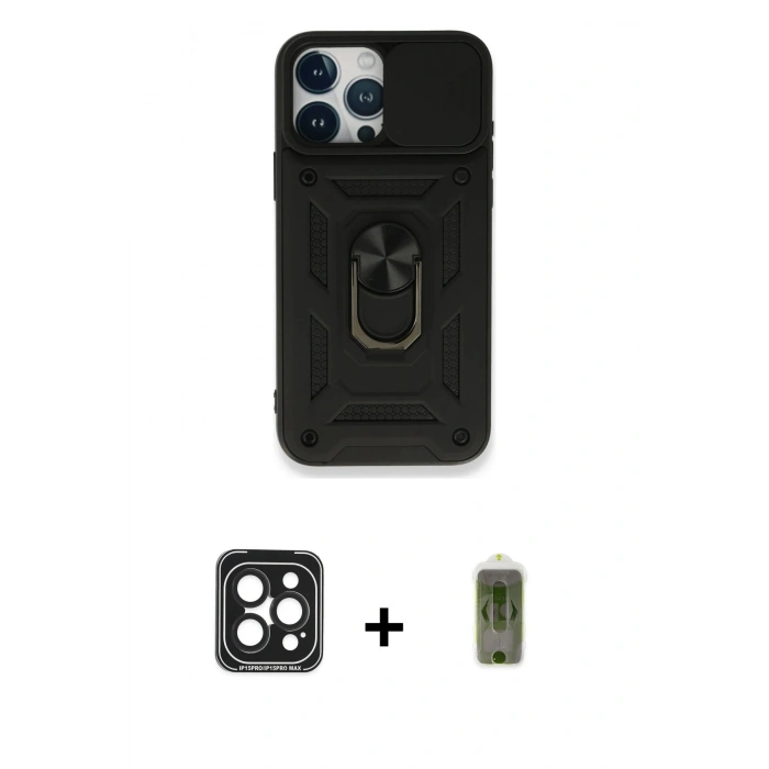 MARSİLYAN™- iPhone 15 Pro Max Kılıf Ahenk Klasik - Siyah Joko Magic 5D Hayalet Cam + PVD Metal Kamera Lens - SH