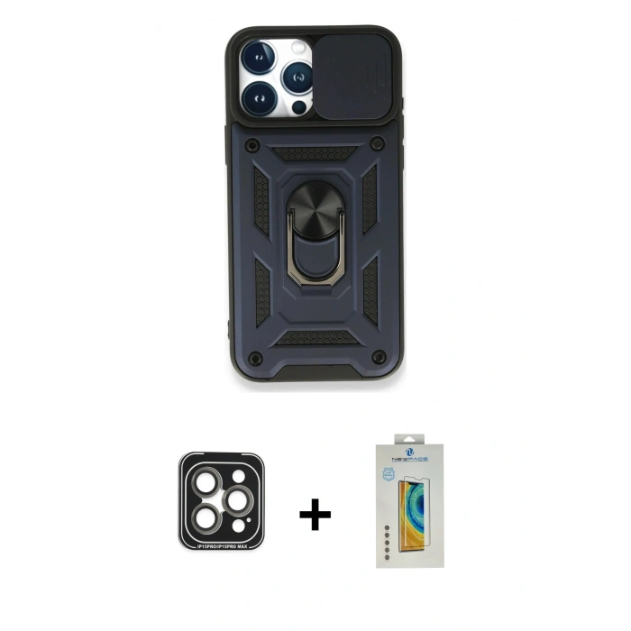 MARSİLYAN™- iPhone 15 Pro Max Kılıf Ahenk Klasik - Siyah Polymer Nano Ekran Koruyucu + PVD Metal Kamera Lens - GI
