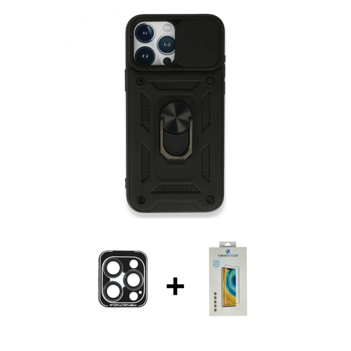 MARSİLYAN™- iPhone 15 Pro Max Kılıf Ahenk Klasik - Siyah Polymer Nano Ekran Koruyucu + PVD Metal Kamera Lens - LT