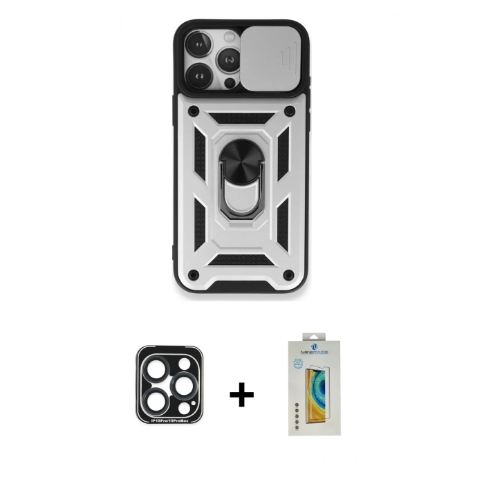 MARSİLYAN™- iPhone 15 Pro Max Kılıf Ahenk Klasik - Siyah Polymer Nano Ekran Koruyucu + PVD Metal Kamera Lens - LT