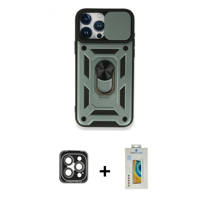 MARSİLYAN™- iPhone 15 Pro Max Kılıf Ahenk Klasik - Siyah Polymer Nano Ekran Koruyucu + PVD Metal Kamera Lens - GI