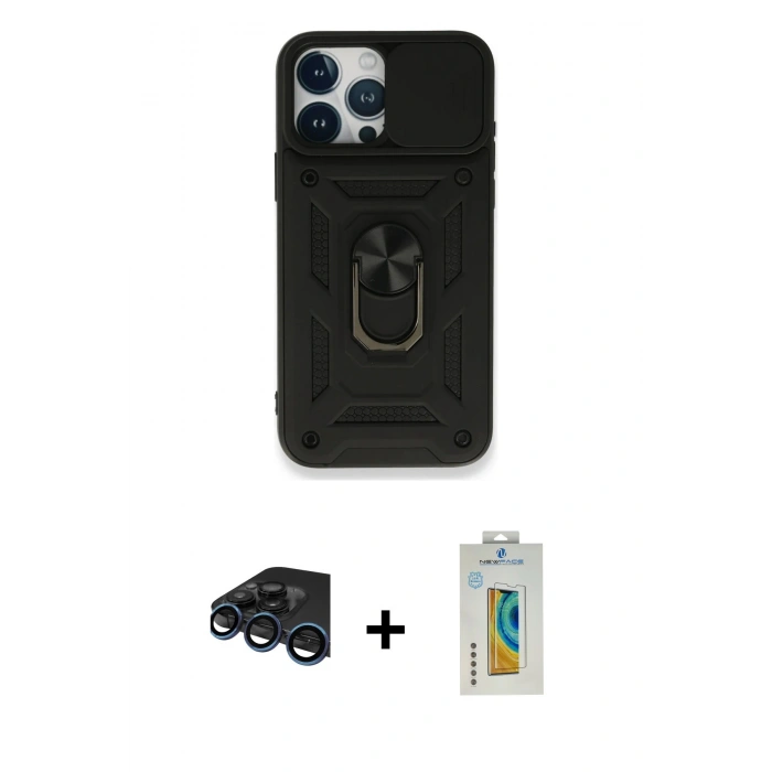 MARSİLYAN™- iPhone 15 Pro Max Kılıf Ahenk Klasik - Siyah Polymer Nano Ekran Koruyucu + Raze Metal Kamera Lens - LT
