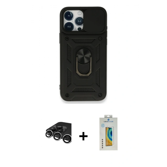 MARSİLYAN™- iPhone 15 Pro Max Kılıf Ahenk Klasik - Siyah Polymer Nano Ekran Koruyucu + Raze Metal Kamera Lens - GS