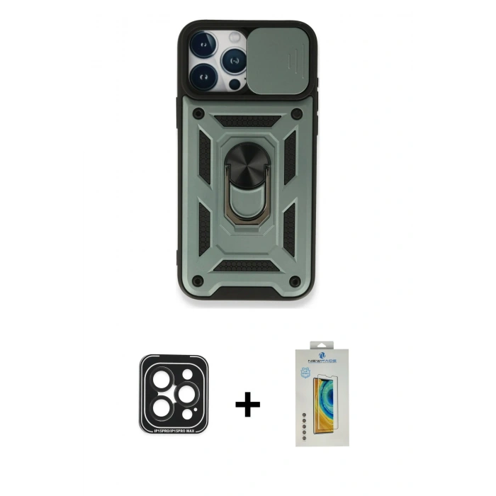MARSİLYAN™- iPhone 15 Pro Max Kılıf Ahenk Klasik - Siyah Polymer Nano Ekran Koruyucu + PVD Metal Kamera Lens - SH
